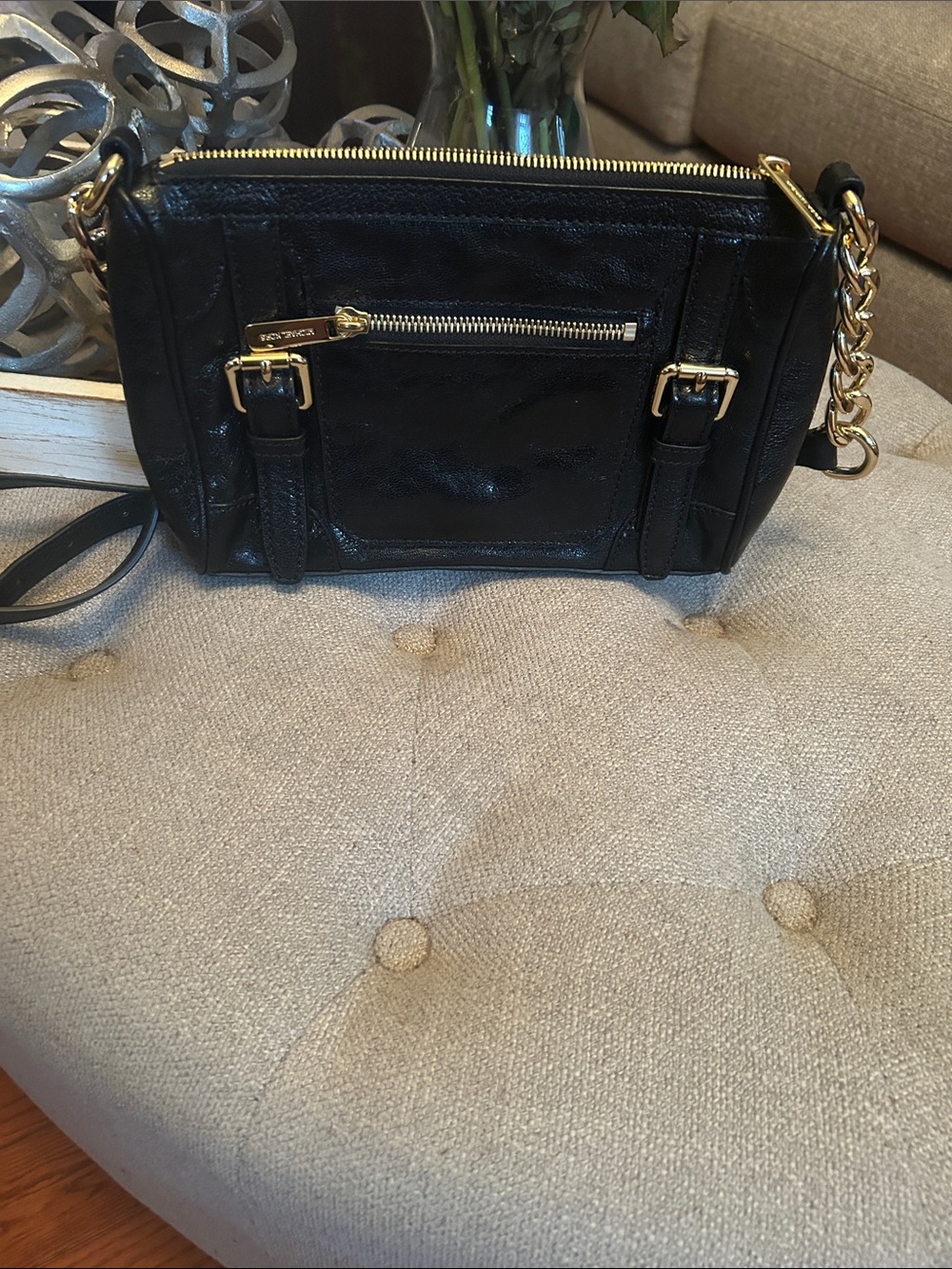 Michael Kors Black Leather Crossbody with Gold Chain Trim